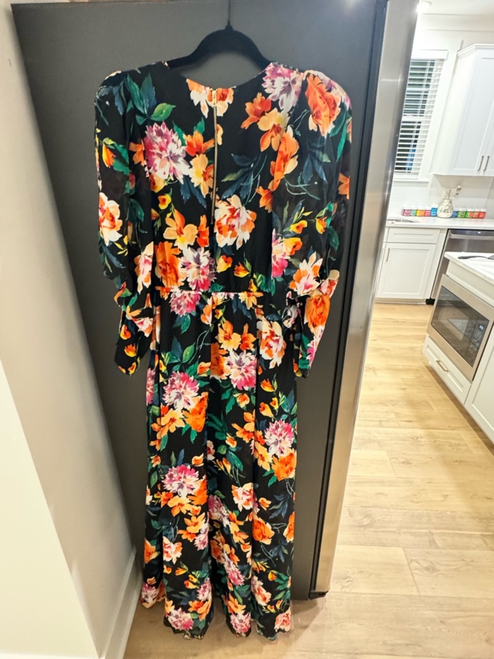 New York & Company Black Floral Maxi Dress with Orange & Pink Blooms